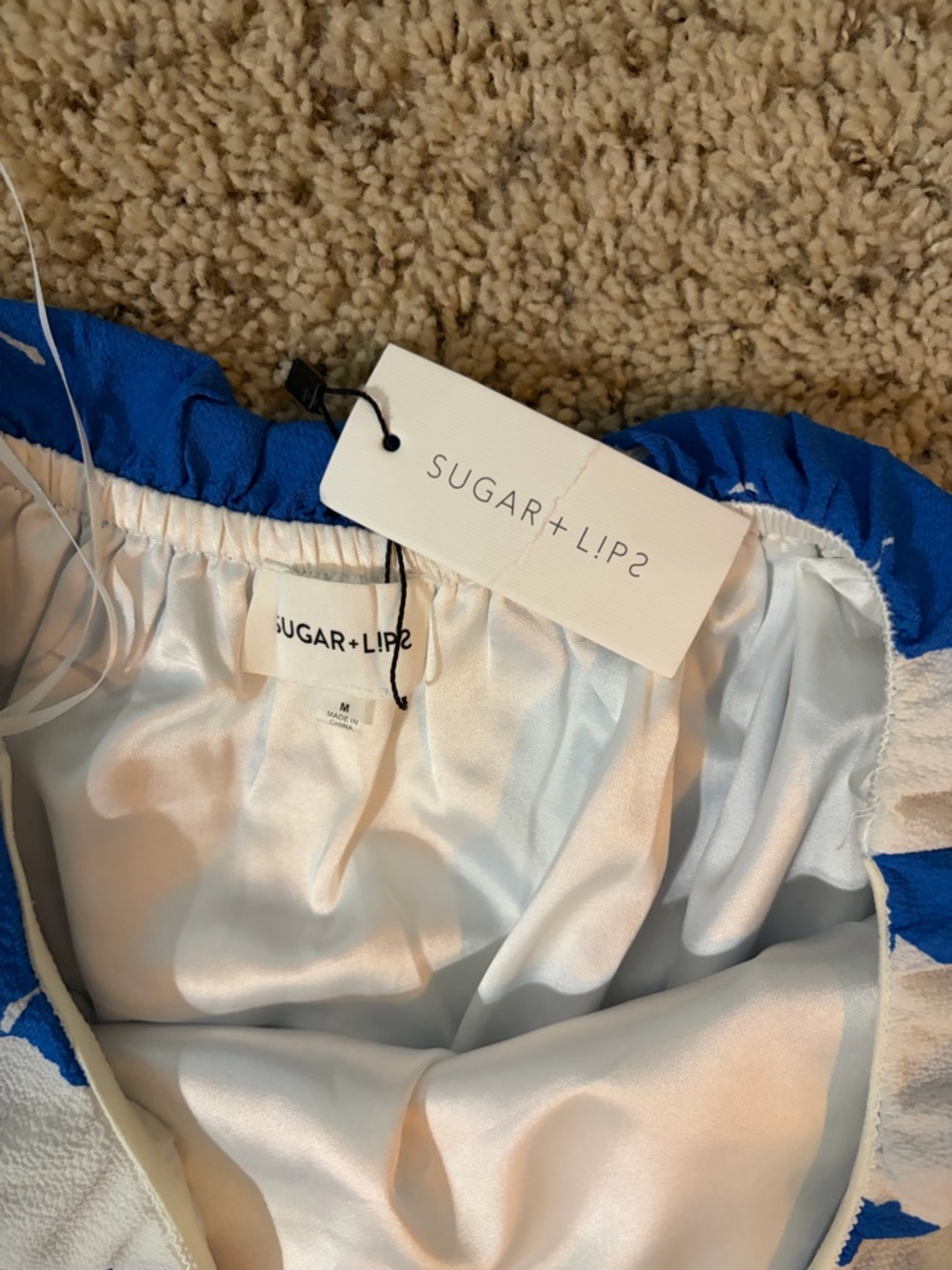 Sugarlips White & Blue Floral Off-Shoulder Wide-Leg Jumpsuit - Picture 2 of 3